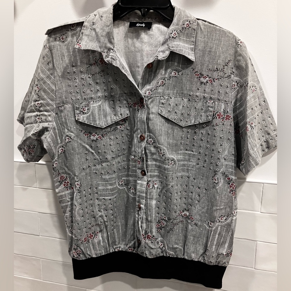 Gray Floral flower Women's Blouse short sleeve shirt